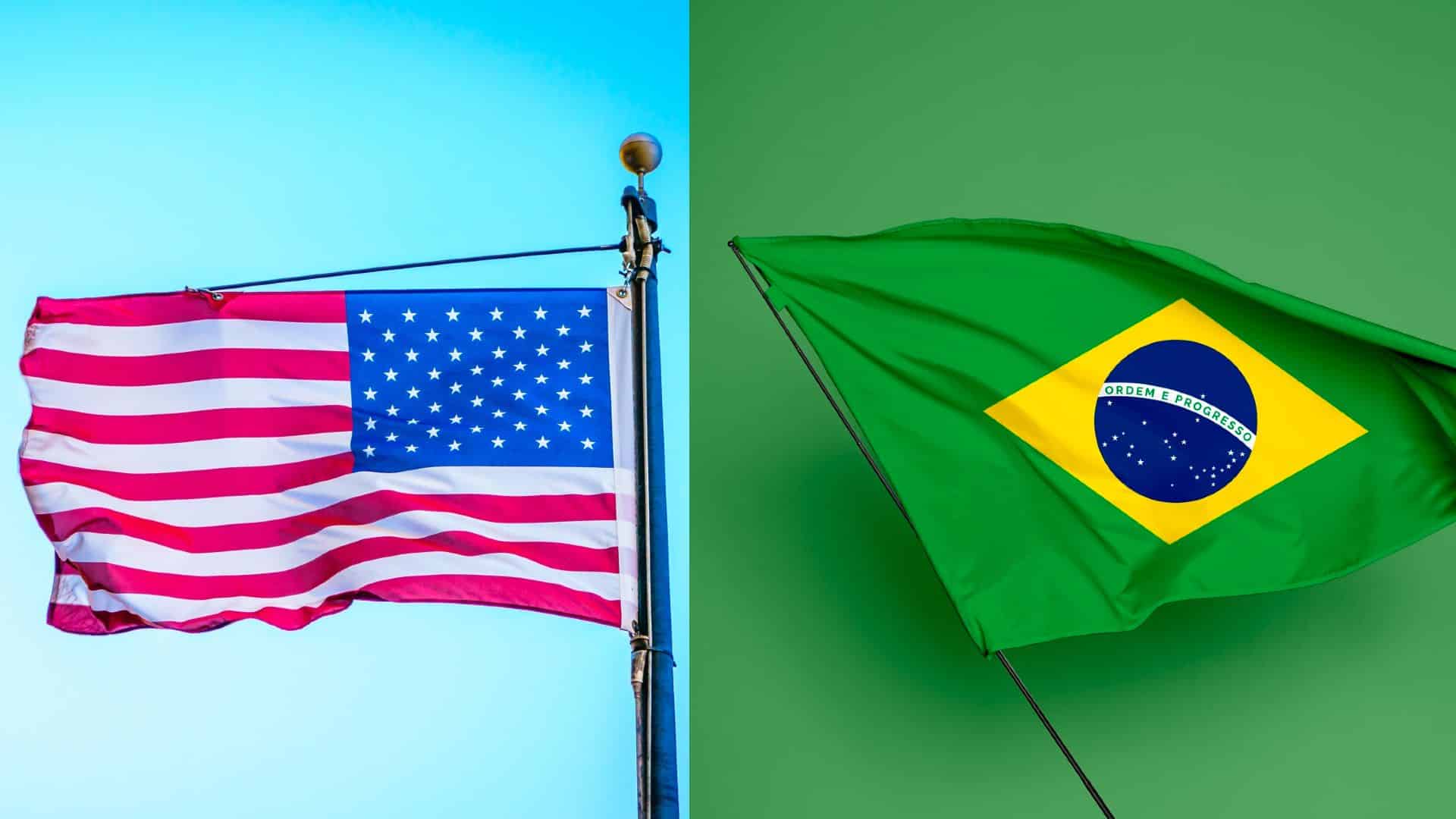 Bandeira dos EUA e do Brasil em destaque criptomoedas