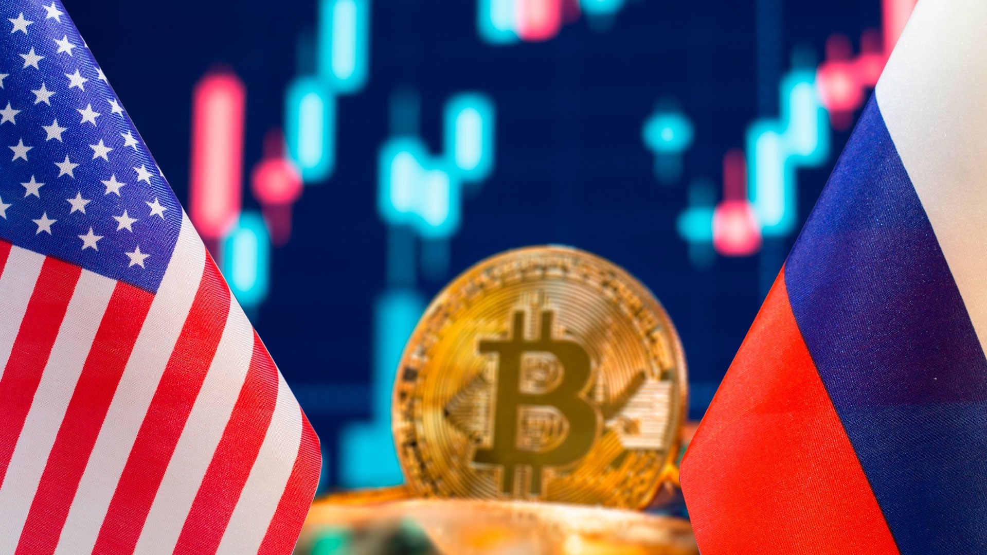 Criptomoeda entre bandeiras dos EUA e Rússia.