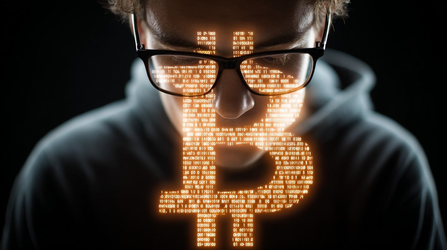 Desenvolvedor com símbolo do Bitcoin em seu rosto