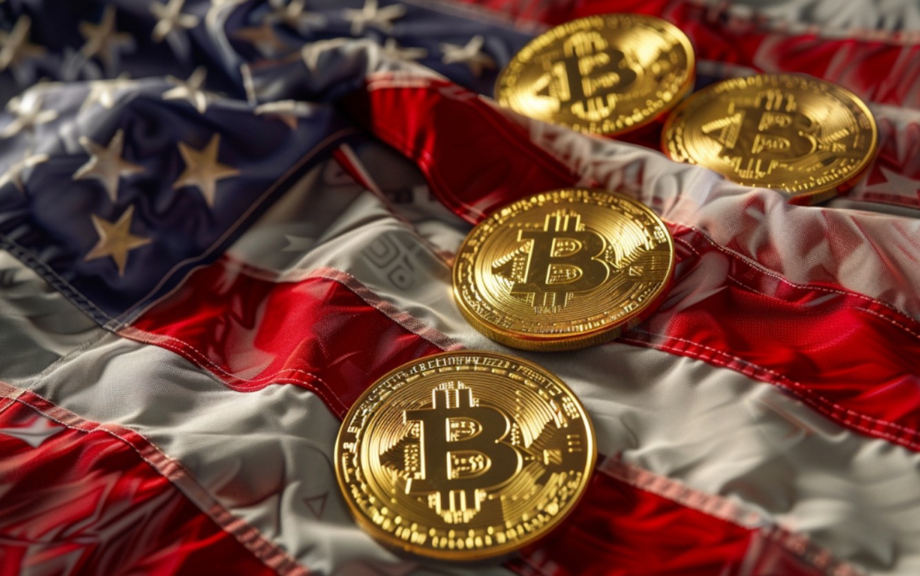 Bandeira dos EUA e bitcoins