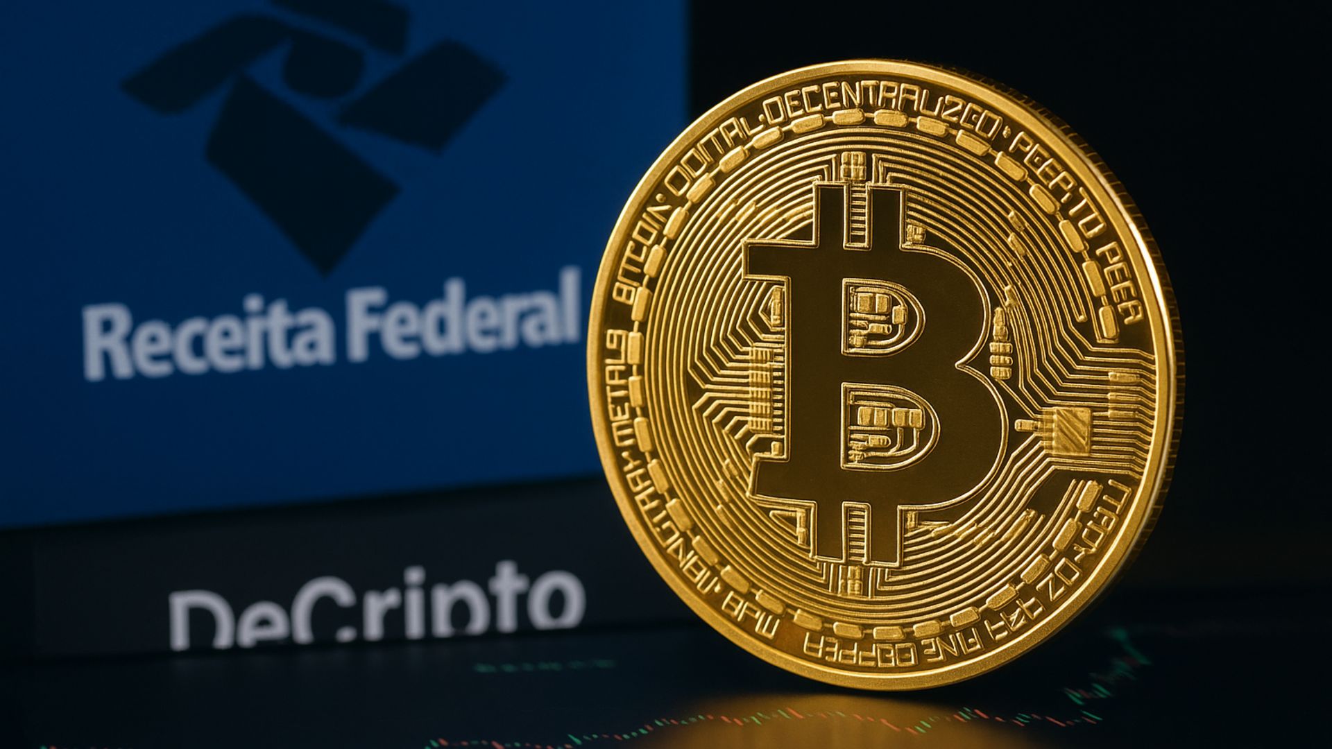Bitcoin com imagem da Receita Federal e Decripto ao lado