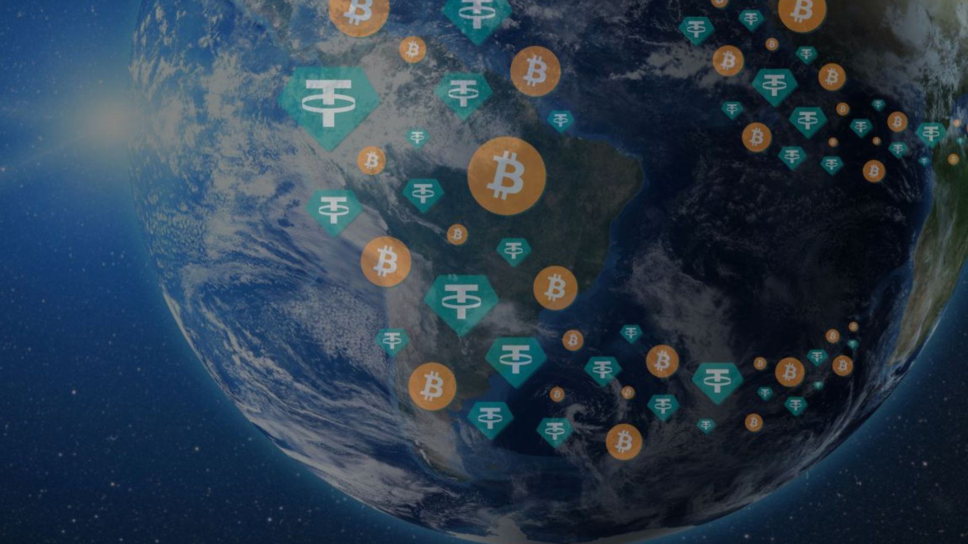 Planeta com imagem da Tether e Bitcoin, foco no Brasil criptomoedas empresa brasileira