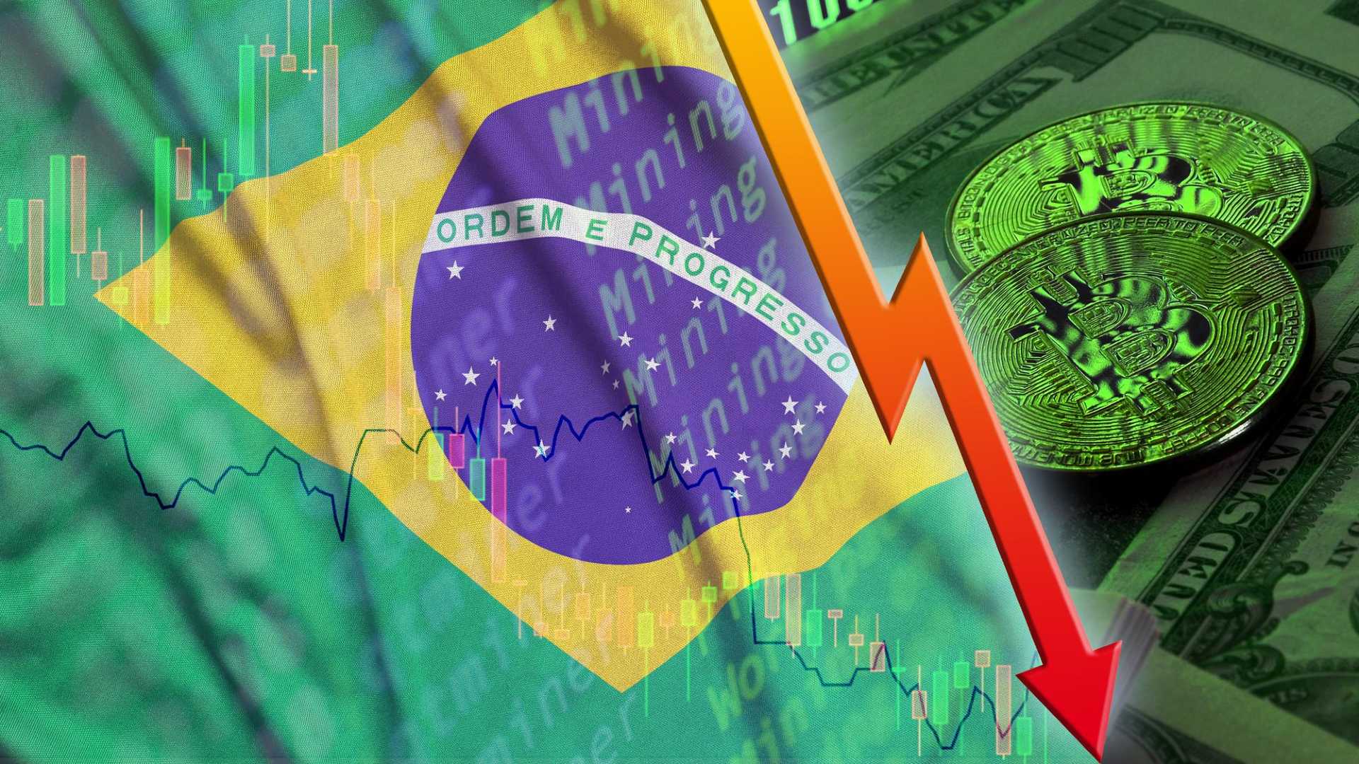 Bandeira do Brasil ao lado de seta apontando queda e moeda de bitcoin ao lado