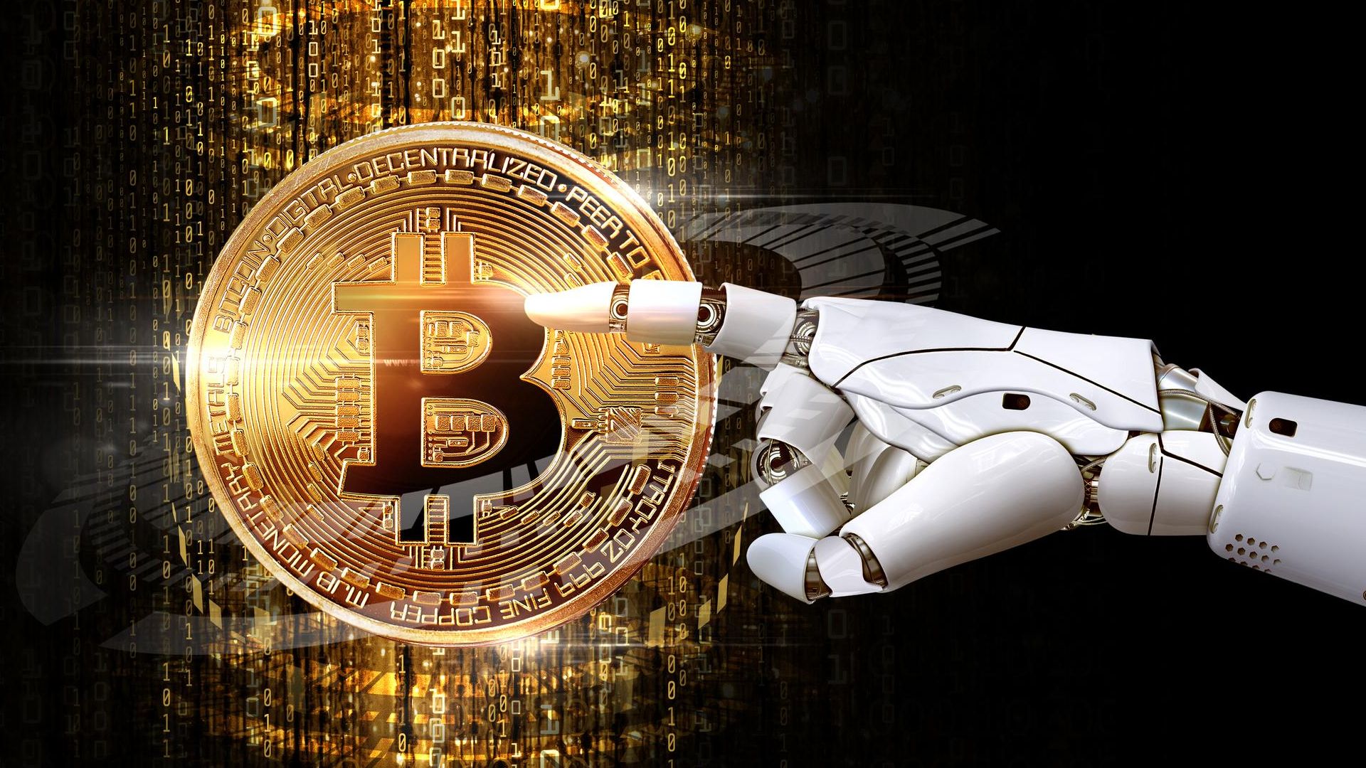 Mão robótica acessando holograma de bitcoin inteligência artificial