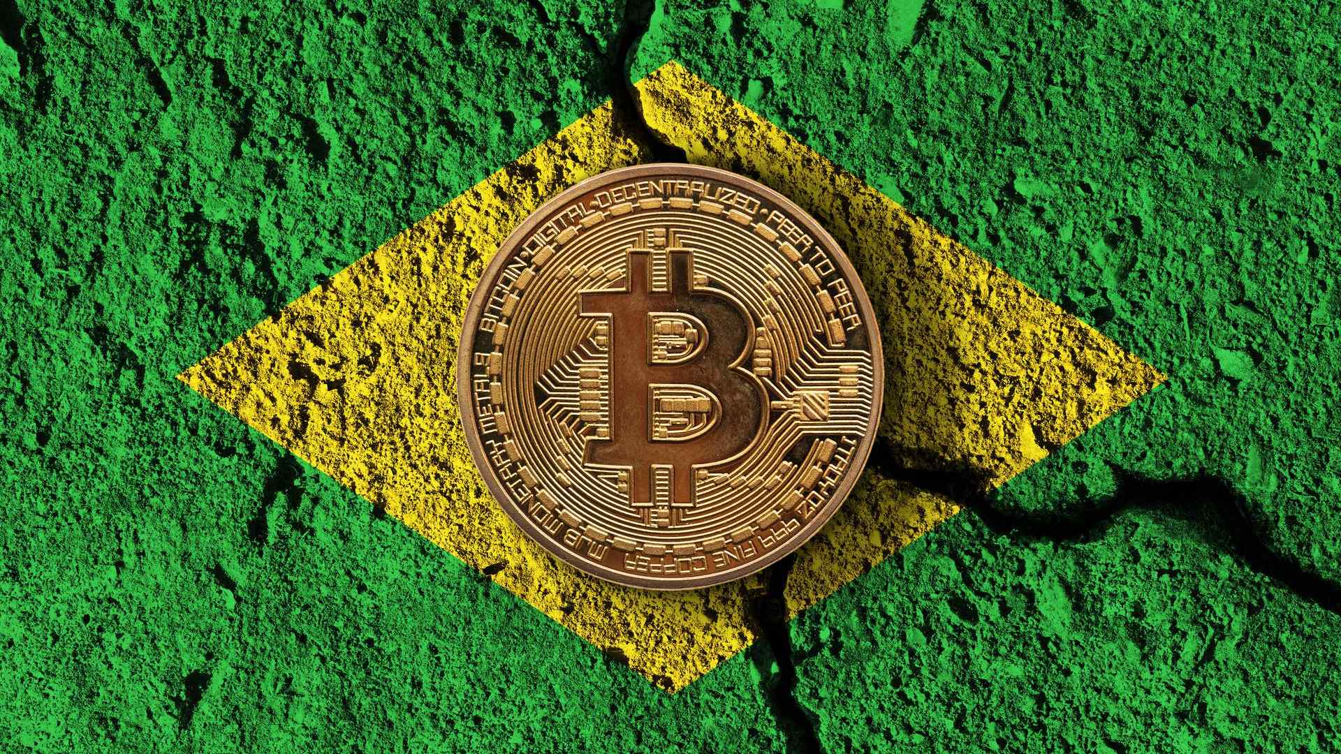 Bandeira do Brasil quebrada com bitcoin ao centro