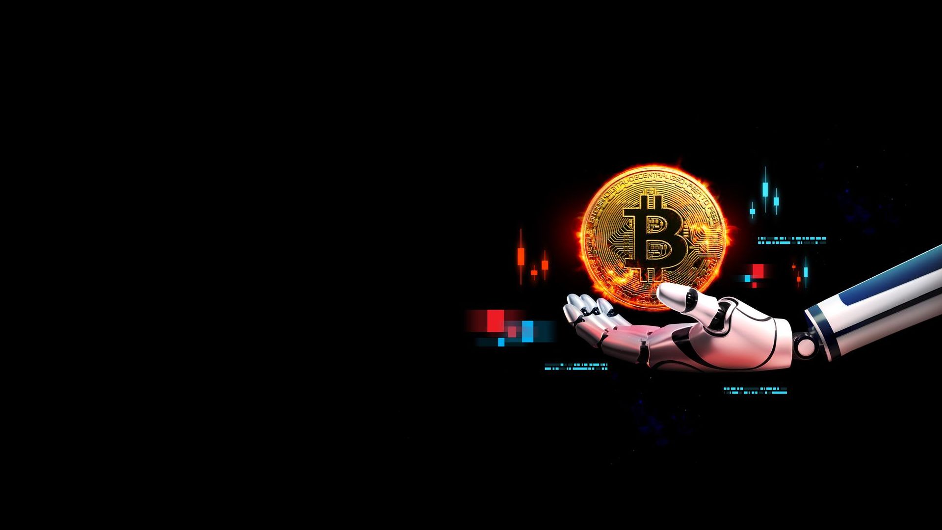 Mão robótica segurando bitcoin próximo de gráficos ChatGPT para investir em criptomoedas