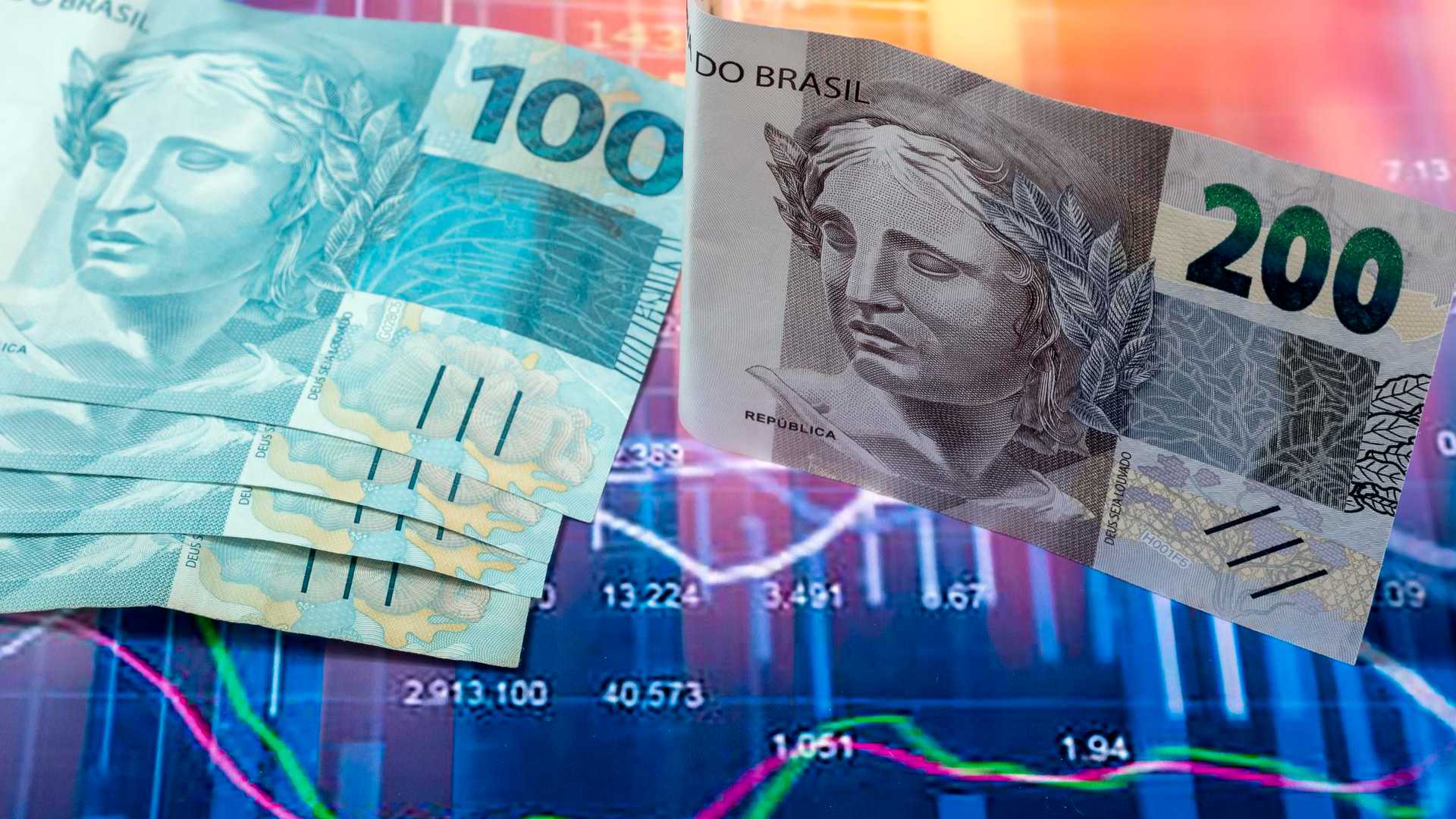 Notas de 200 e 100 reais com gráfico ao fundo Anbima ativos virtuais
