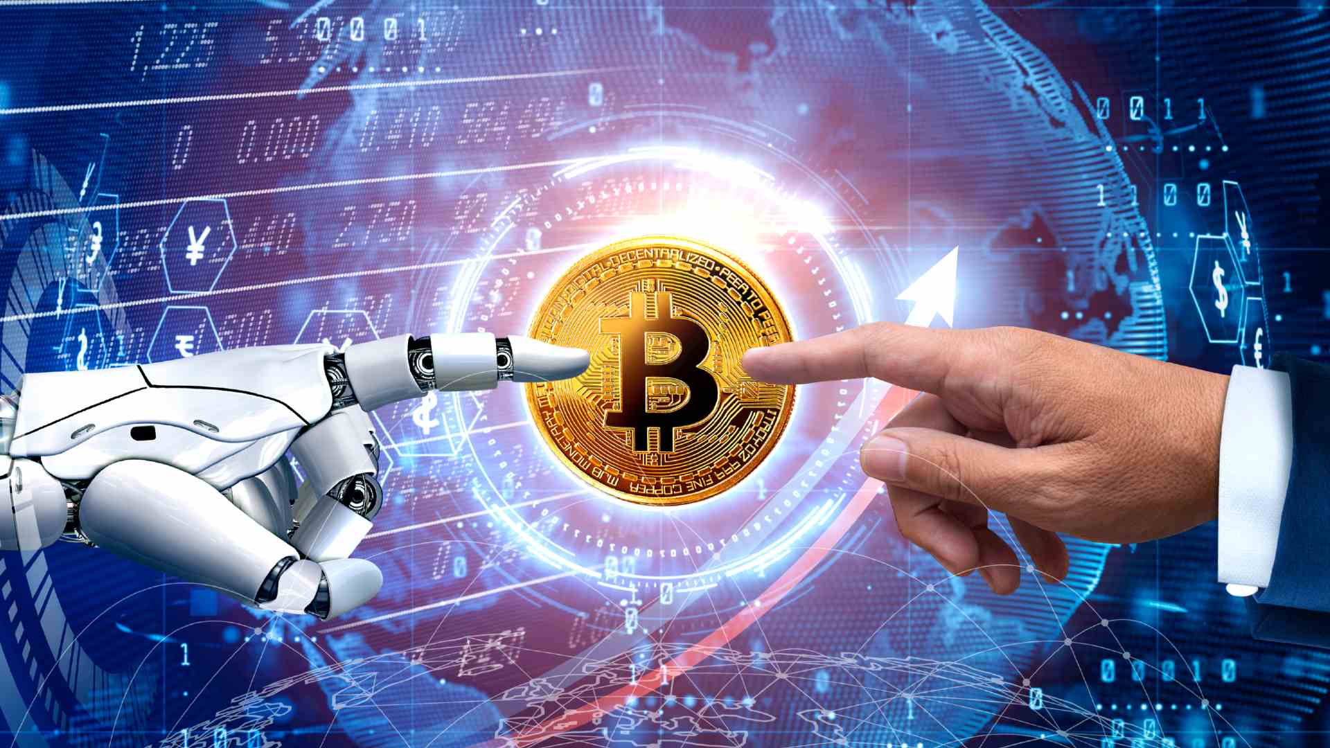AI e homem tocando em bitcoin