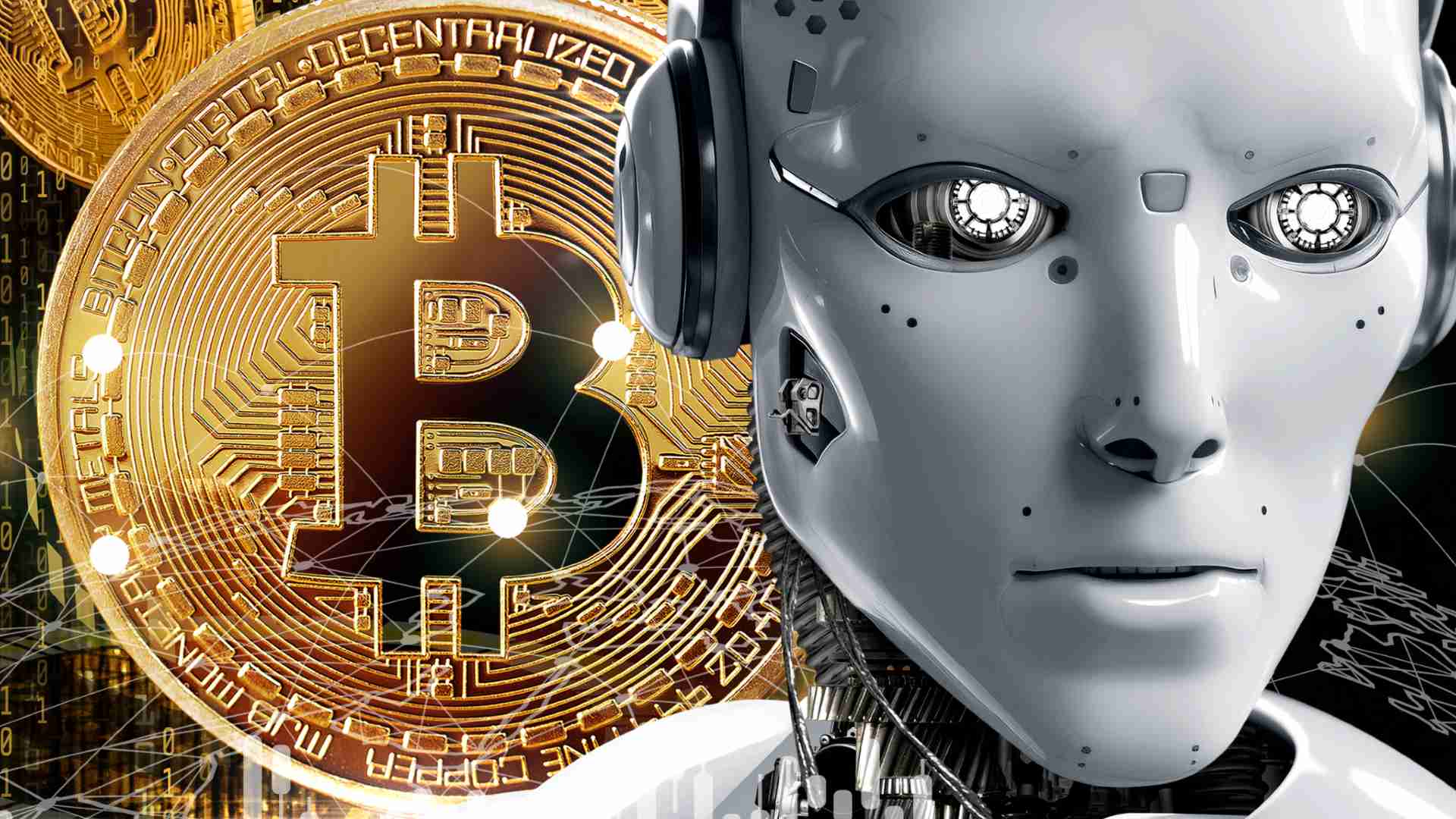 Robô com bitcoins ao fundo