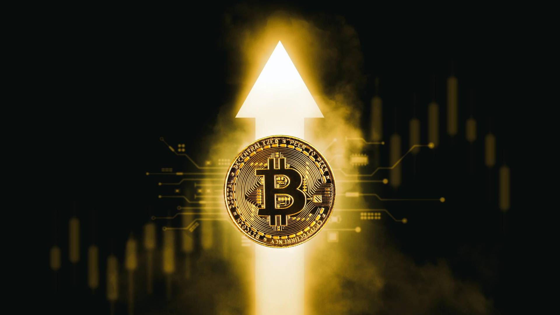 Bitcoin com gráficos e seta para cima Relatório Binance evolução do BTC