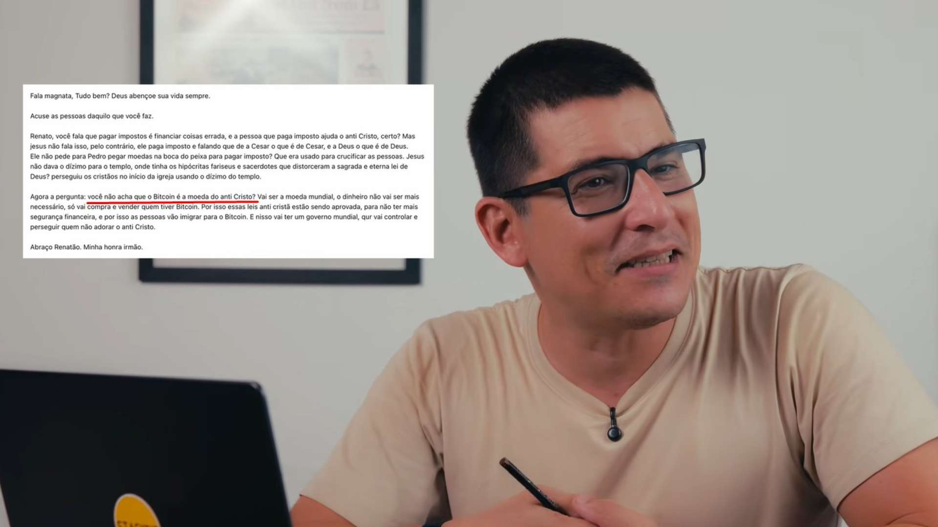 Renato Trezoitão responde se acha que o Bitcoin é uma moeda anticristo Renato Trezoitão rejeita teoria sobre bitcoin e aponta moedas estatais como satânicas
