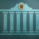 Símbolo de bancos e bitcoin em destaque