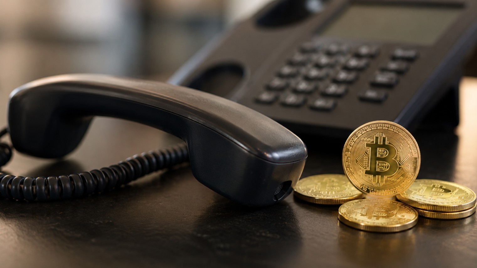 Moedas de Bitcoin ao lado de telefone