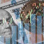 Gráfico de negociações com Dólar e bitcoin desbotado ao fundo