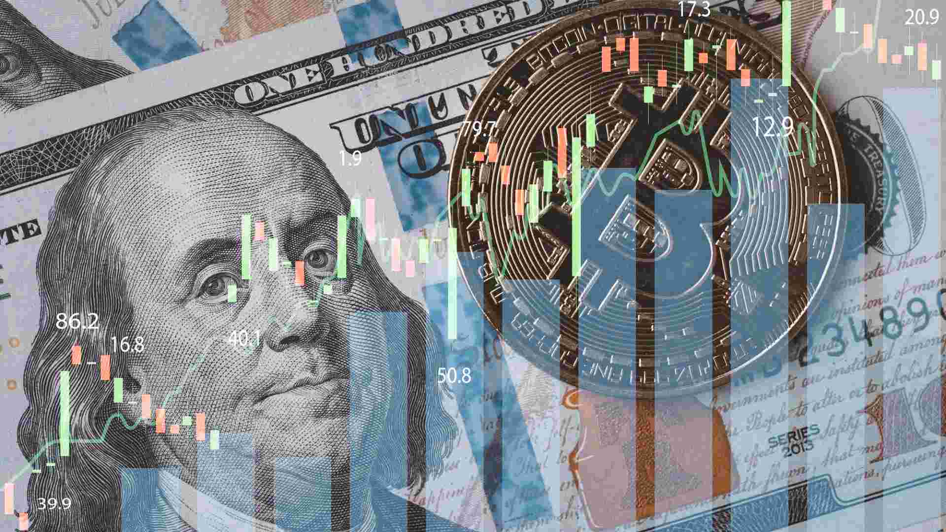 Gráfico de negociações com Dólar e bitcoin desbotado ao fundo