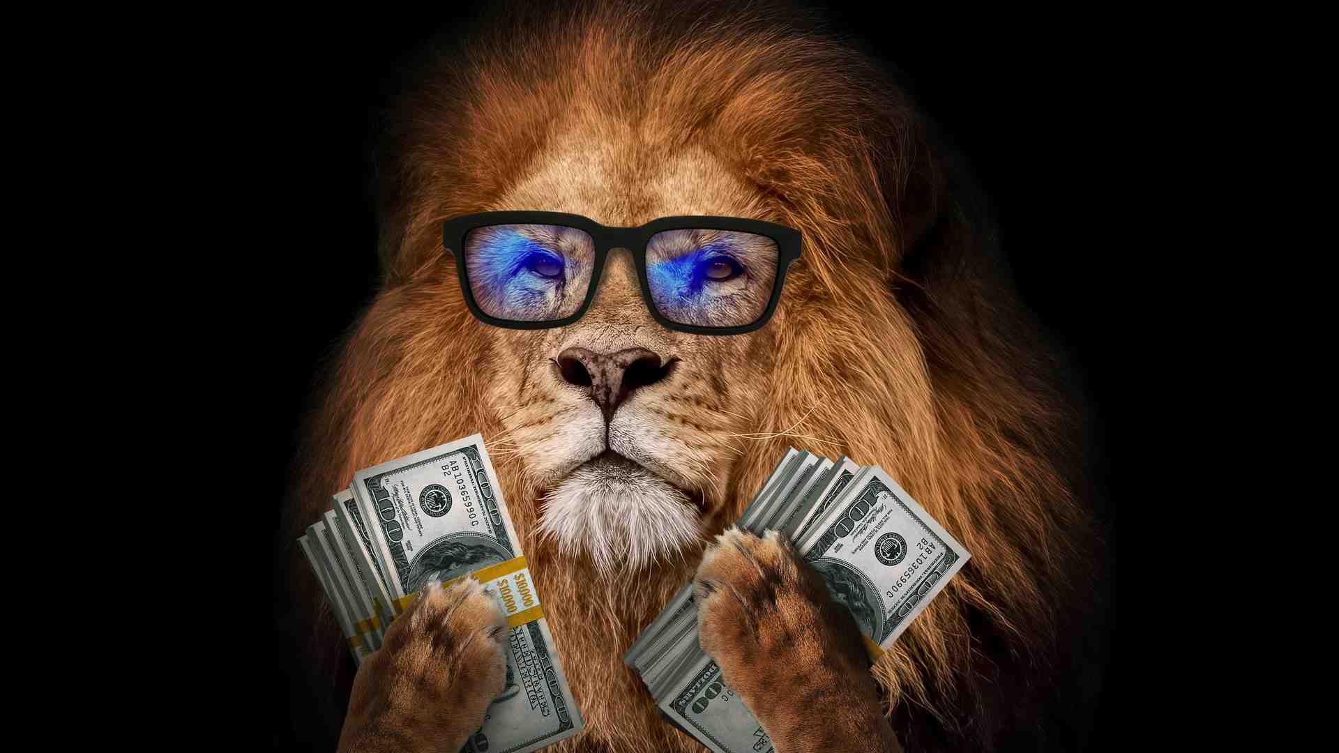 Leão de óculos segurando Dólar