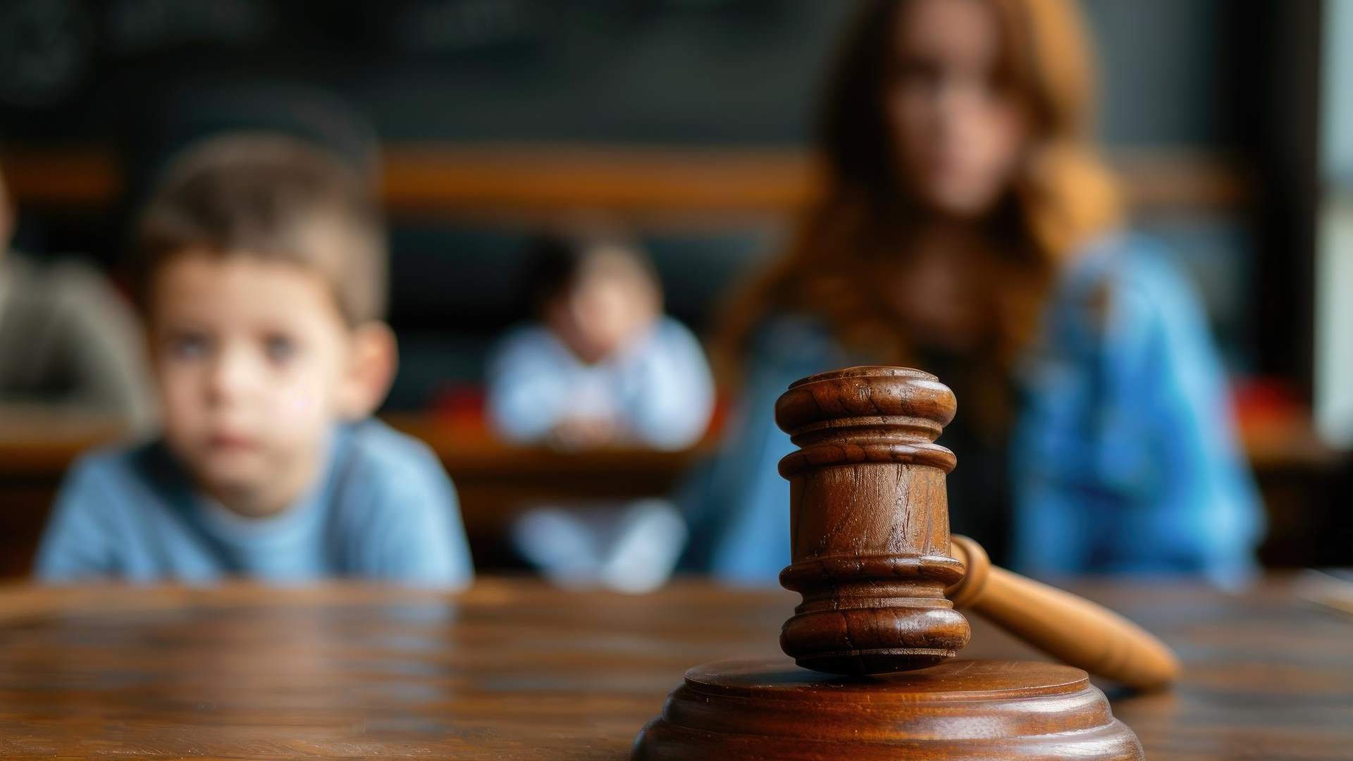 Martelo da justiça com mulher e criança nublada ao fundo STJ barra confisco de criptomoedas em processo sobre pensão alimentícia