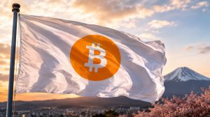Bandeira do Japão com logo do Bitcoin