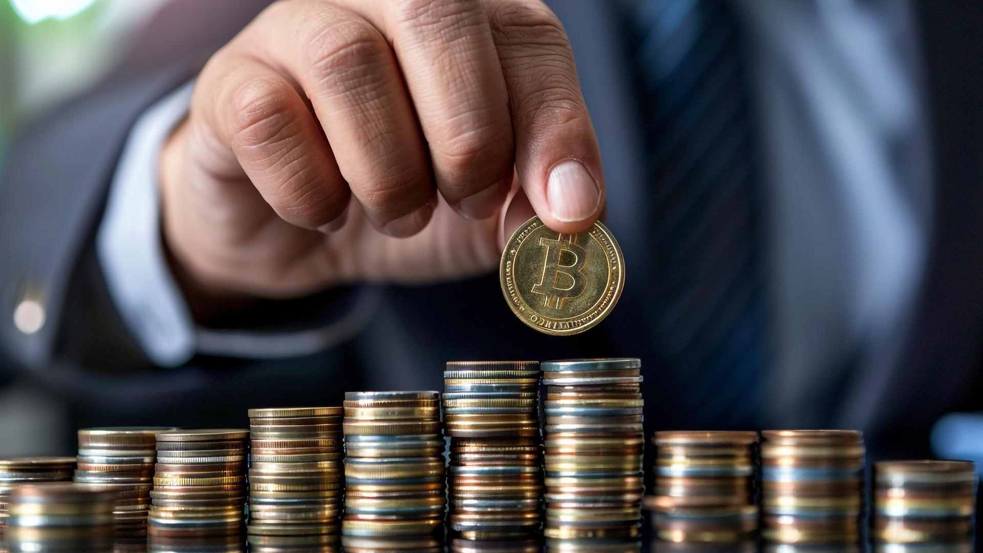 Bitcoin sobre montante de dinheiro na mesa, homem com terno ao fundo manipulando a moeda MP de São Paulo tem R$ 47 milhões em criptomoedas sob custódia