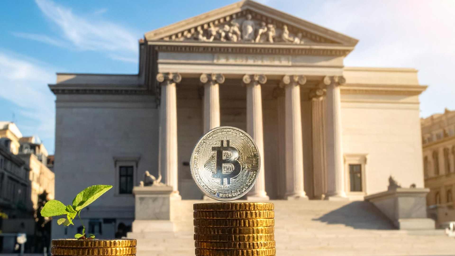 Planta em bitcoin em frente a instituição financeira