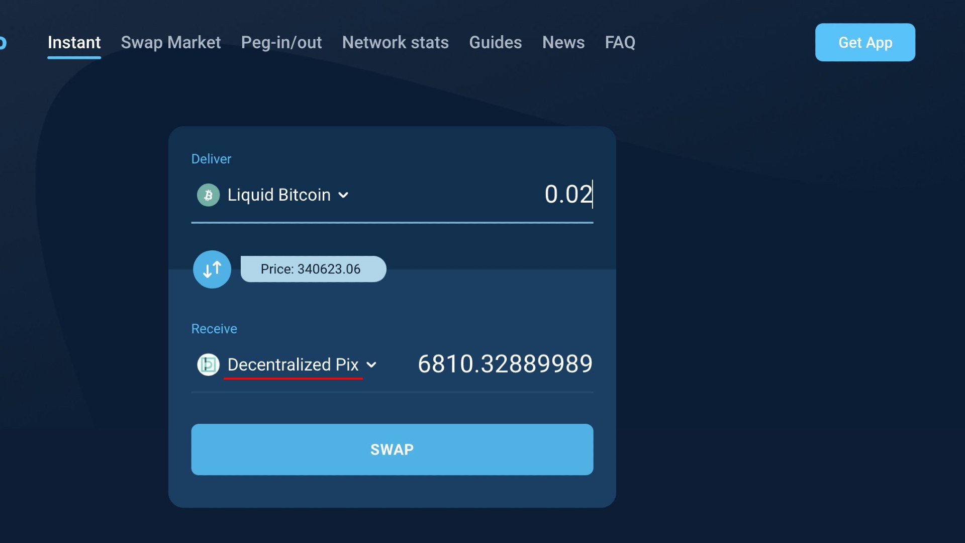 Tela de negociação de LBTC por Depix, uma stablecoin de Real brasileiro que roda na sidechain do Bitcoin